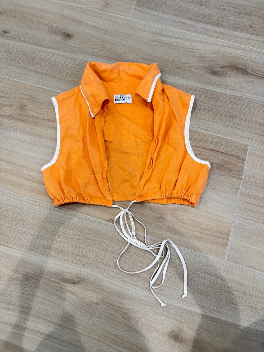 Matthew Bruch Orange Cropped Drawstring Linen Vest